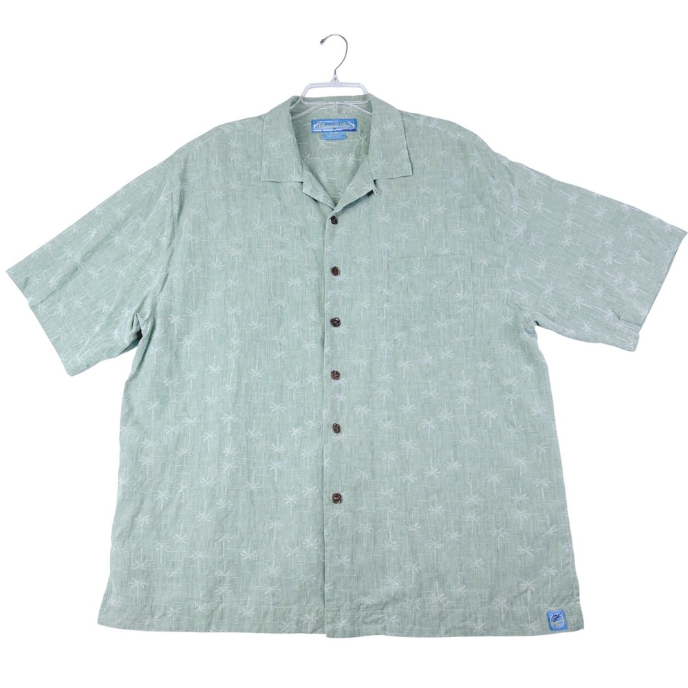 Bermuda Bay XL Green Silk Button Down Shirt Palm Tree Embroidered Camp Tropical